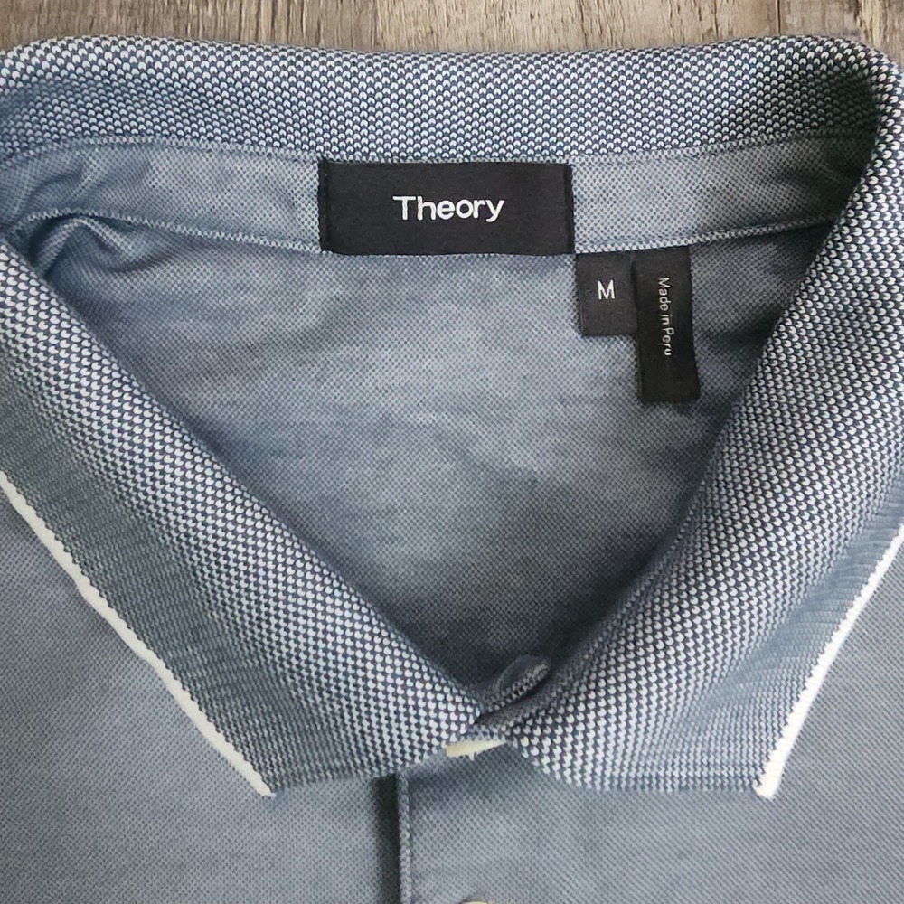Theory Polo Shirt Mens Medium Blue Urban Pique Tipped Collar Short Sleeve - Picture 2 of 5